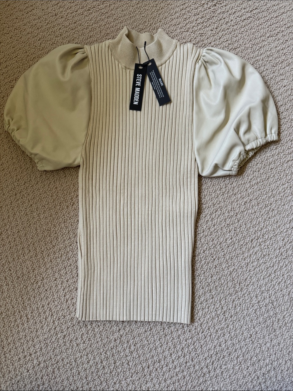 Steve Madden Cream Ribbed Puff-Sleeve Knit Top